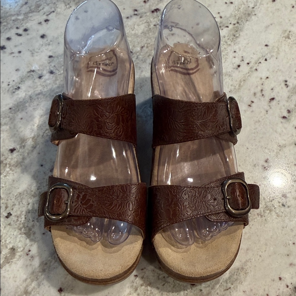 Dansko Brown Floral-Embossed Leather Slide Sandals